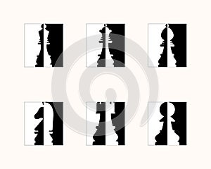 Set icon chess. King, queen, pawn, rook, horse, bishop on black and white squares.