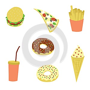 Set of icon fast food. High-calorie unhealthy food.