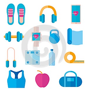Set of icon of fitness equipment: headphones, yoga mat, dumbbell, smart watch. Vector in flat style