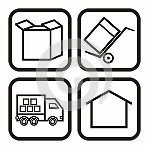 Set icon, four symbols, delivery of parcels, web signs, black and white, vector illustration