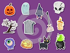 Set of icon halloweeen stickers. pumpkin, ghost, brain, bat, skull, gravestone, tree, candle, broom, eyeball, cat, witches