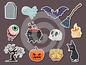 Set of icon halloweeen stickers. pumpkin, ghost, brain, bat, skull, gravestone, tree, candle, broom, eyeball, cat, witches