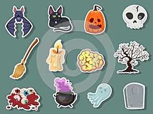 Set of icon halloweeen stickers. pumpkin, ghost, brain, bat, skull, gravestone, tree, candle, broom, eyeball, cat, witches