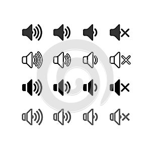 Set of an icon that increases and reduces the sound. Icon showing the mute. Sound icons with different signal levels in a flat