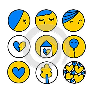 Set of icon logo in cartoon doodle style ukrain tragedy flag color