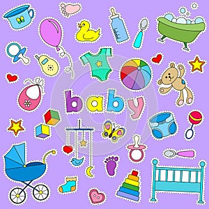 Set of icon patches on the topic of childhood and newborn , signs on a purple background