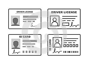 Set icon. Plastic ID cards, car driver license with male photo.