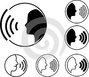 Set of Icon voice command with sound waves. Sign speaking man. Black symbol head silhouette isolated on white background.