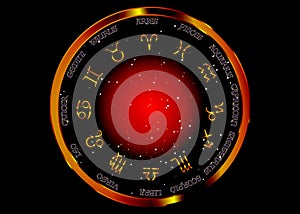 The wheel of the zodiac, golden astrological signs, gold image of horoscope. Horoscope zodiac signs. Astrology symbols set icons