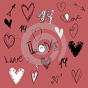 Set of icones .Vector doodle graphic set of hand draw hearts, arrows, love lettering, nmber14 photo
