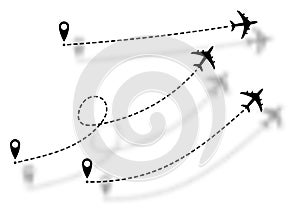 Set icons airplane line path route. Aircraft route dotted lines. Tourism and travel. Tourist route by plane. Tracks traveler icons