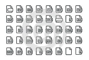 Set of icons all popular program formats. PDF DOC and many others uniform. Vector illustration flat. Black and white photo