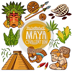 Set of icons for ancient Maya culture