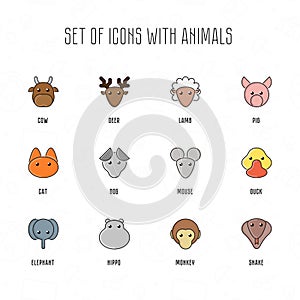 Set of icons with animals. Pet faces with flat style. Zoo cartoon collection