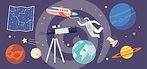 Set of Icons Astronomy Science Learning, Interstellar Travel. Telescope, Sky Map, Planets and Stars in Space, Astronaut