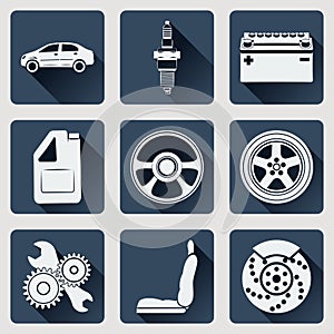 Set of icons auto parts. Flat design with long shadows.