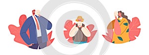Set of Icons or Avatars Sad Businessman, Girl and Adult Woman Disguising Real Feelings. Characters Hiding Faces at Mask photo