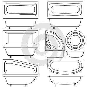Set of icons bathtubs and washbasins. Top view and side. Bathtubs of different style and shape. Isolated on white background.
