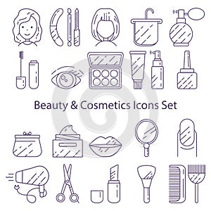 Set of icons for beauty and cosmetics created under the influence of a beauty salon, makeup and cosmetics. Suitable for