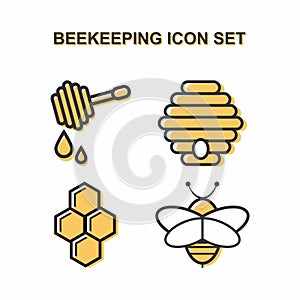 Set of icons of beekeeping. Set of 4 isolated icons on white background