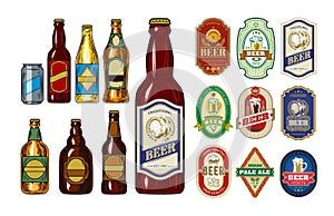 Set of icons beer bottles and label them