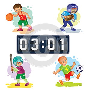 Set icons of boys playing basketball, football, baseball, scoreboard