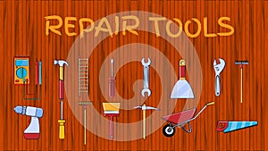 Set of icons of building plumbing garden tools: shovel saw hammer brush rake trolley spatula, screwdriver pickaxe wrench