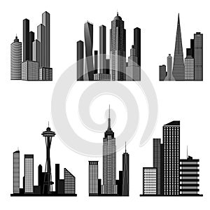 Set of icons for buildings and skyscrapers. Isolated signs of high-rise buildings. The Empire State Building, Space Needle, The