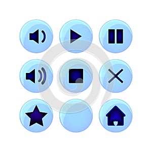 Set of icons of buttons for the application. Volumetric image of the control panel. Play, stop, pause and volume sign