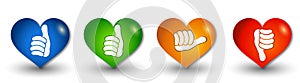 Set icons buttons in the shape of heart. Thumbs up green and blue - orange neutral thumb - thumb down red. Online voting symbol. C