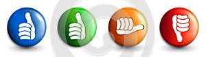 Set icons buttons. Thumbs up green and blue - orange neutral thumb - thumb down red. Online voting symbol. 3d illustration. Concep