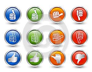 Set icons buttons. Thumbs up green and blue - orange neutral thumb - thumb down red. Online voting symbol. Concept like it. Do not