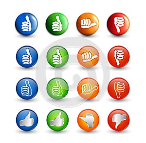 Set icons buttons. Thumbs up green and blue - orange neutral thumb - thumb down red. Online voting symbol. Concept like it. Vote.