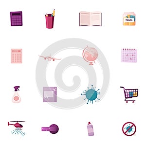 Set of Icons Calculator, Pencils and Book, Money for Travel, Airplane, Globe and Calendar, Sanitizer