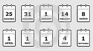 Set of icons calendar pages with different holiday dates, black and white, flat style, vector