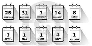Set of icons calendar pages with different holiday dates, black and white, flat style, vector