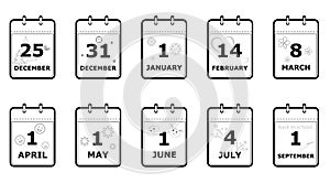 Set of icons calendar pages with different holiday dates and simbols, black and white, flat style, vector