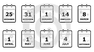 Set of icons calendar pages with different holiday dates and simbols, black and white, flat style, vector photo