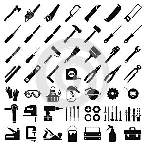 Set icons for carpentry tools, equipment, and protective clothing. Everything you need for a carpenter`s workshop, from hand tools