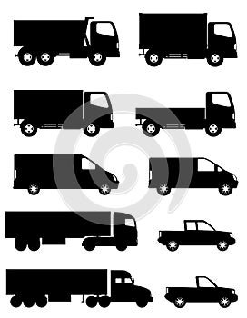 set of icons cars and truck for transportation cargo black silhouette vector illustration