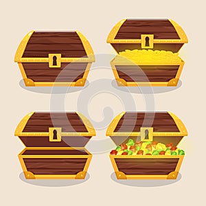 Set of icons with cartoon closed and opened wooden pirate chest