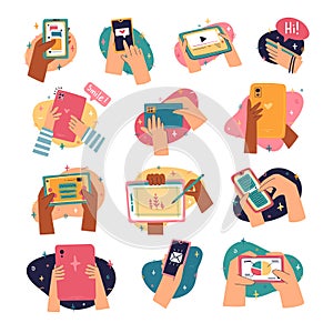 Set of icons with cartoon human hands and gadgets. Gestures with smartphone, phone and tablet. Cartoon modern style