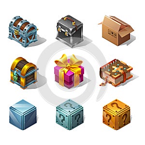 Set of icons cartoon isometric boxes and objects for game. Vector illustration.