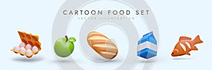 Set of icons in cartoon style. Eggs, apple, bread, milk, fish