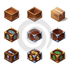 Set of icons cartoon wooden isometric boxes for game. Vector illustration.