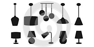 Set of icons with chandeliers and lamps. Table lamps and ceiling chandeliers. Design idea. Lighting. Vector graphics in a flat