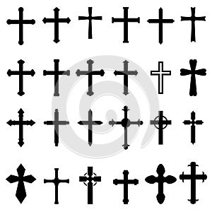 Set of icons of christian and catholic crosses isolated on white background. Design element for poster, card, emblem, sign.