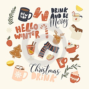 Set Icons Christmas Drinks Theme. Winter Hot Beverages Cups with Coffee, Tea or Cocoa, Knitted Scarf and Cinnamon Sticks