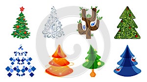 Set of icons of Christmas trees in different styles.