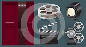 Set icons cinematography cinema and movie. Film production equipment for shooting, film industry